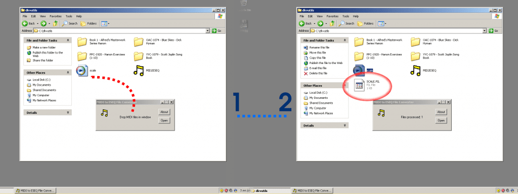 Using MID2ESEQ, just drag and drop MIDI files into the window.
