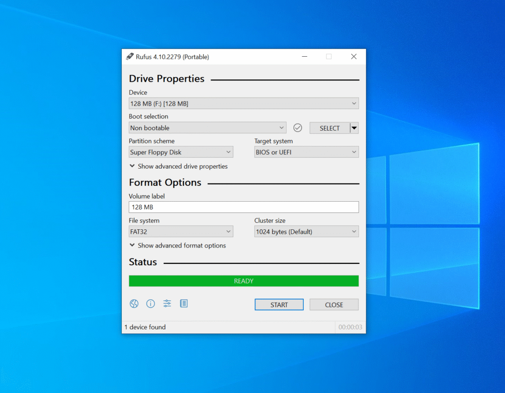 Rufus 4.10.2279, having completed a format successfully on a Windows 10 computer.