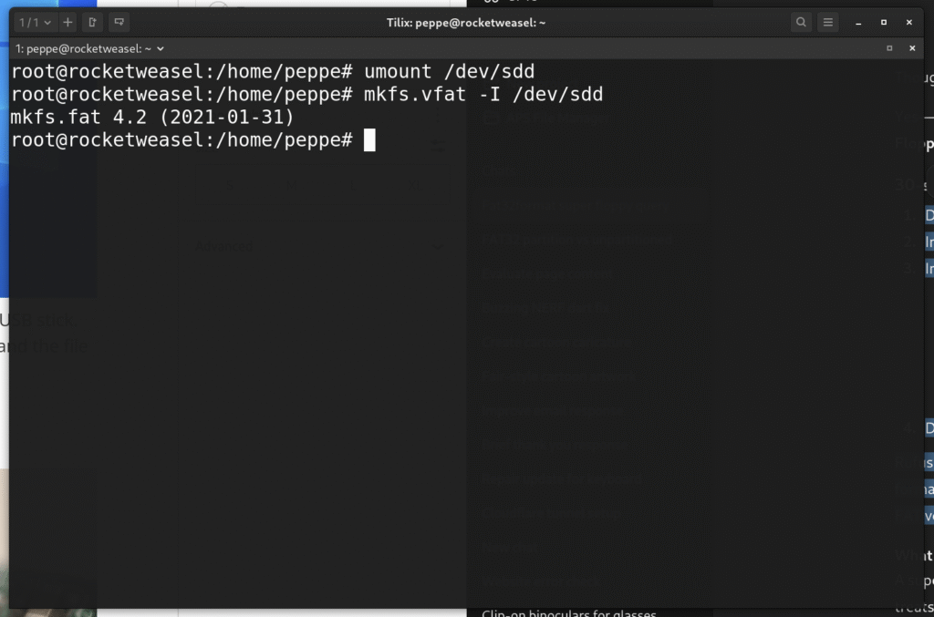 A terminal open with the commands "umount /dev/sdd" and "mkfs.vfat -I /dev/sdd".