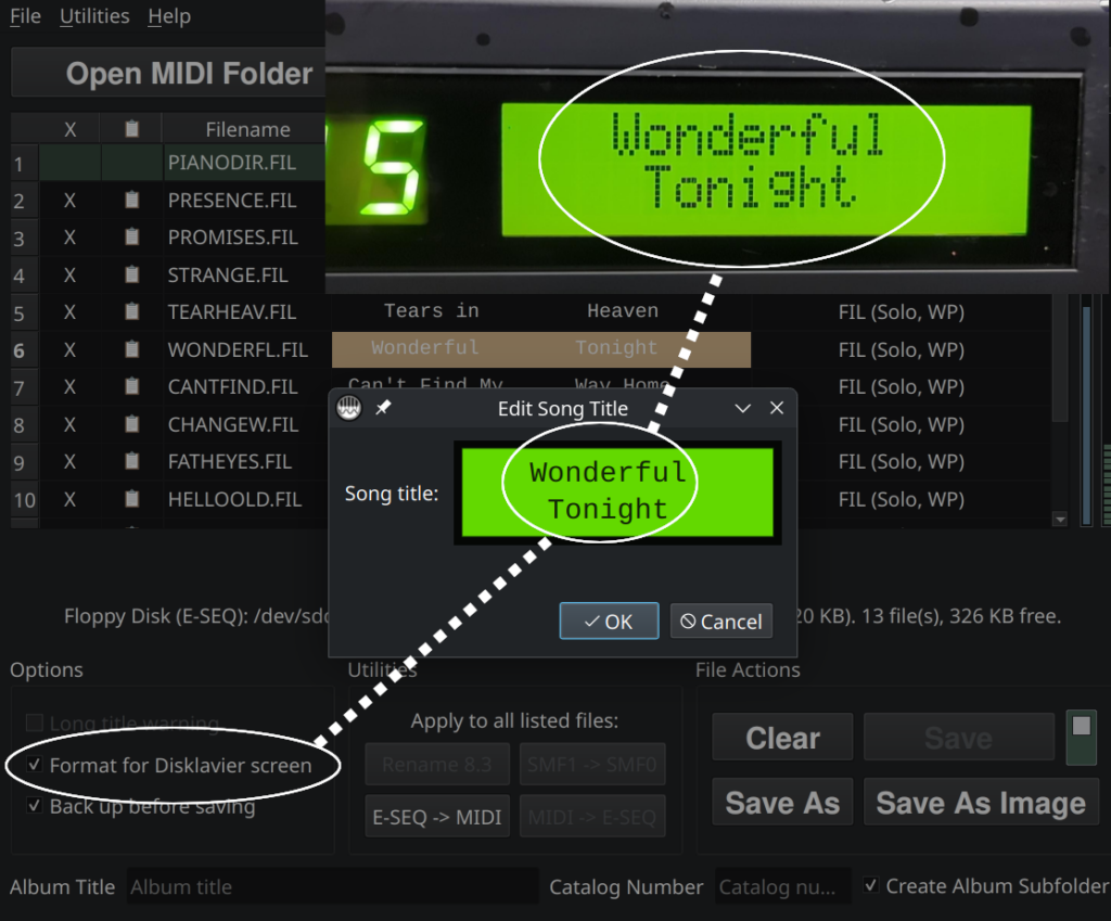 Closeup of song title editor in APS MIDI Prep Tool, showing "Wonderful Tonight" as seen both in the app and on a Yamaha DKC-5R display.