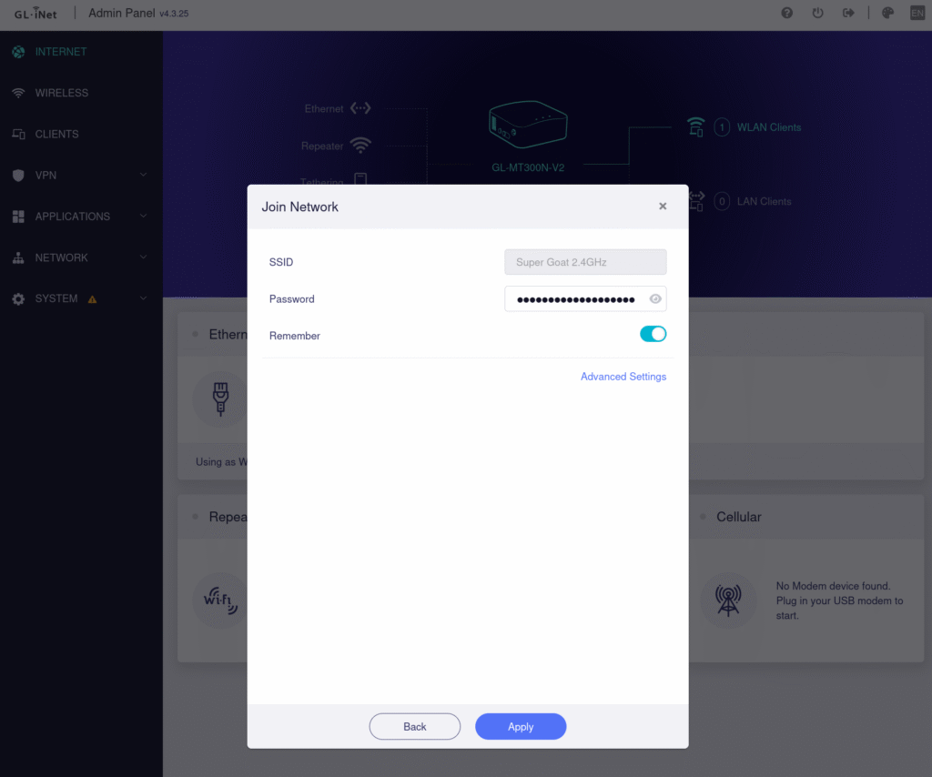 GL.iNet connecting to my local Wi-Fi.