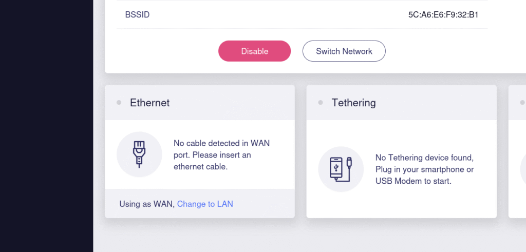 GL.iNet configuration screen for Ethernet LAN vs WAN.