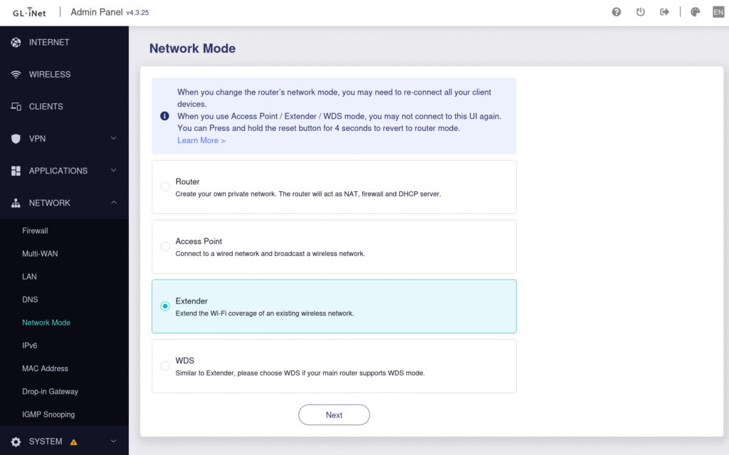 GL.iNet configuration for Network Mode.