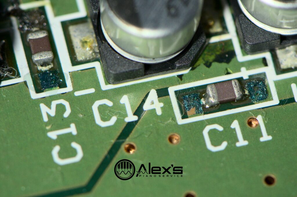Significant corrosion as a result of leaked electrolyte.