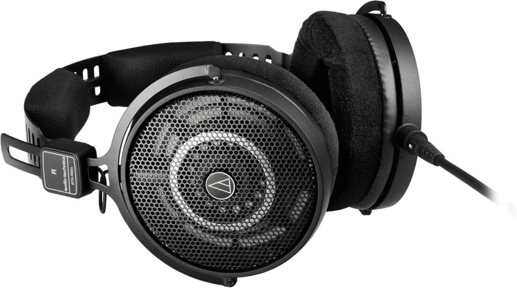 The Audio-Technica ATH-R50x headphones, seen laying on their side.