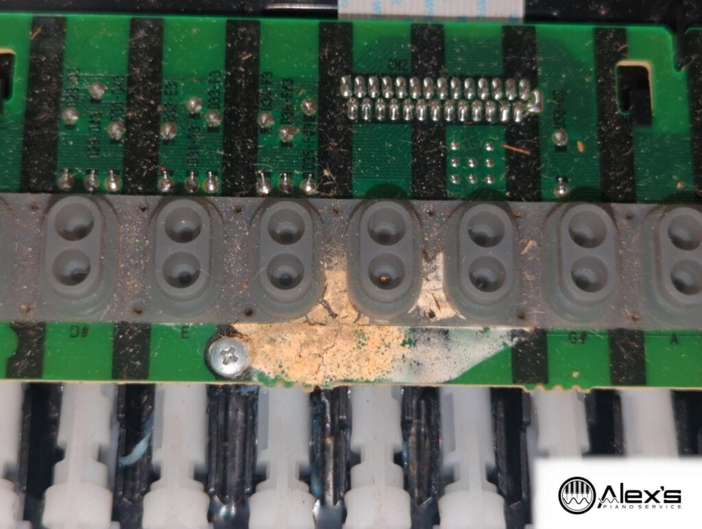 Crusty, spilled substance on a Yamaha keyboard contact.