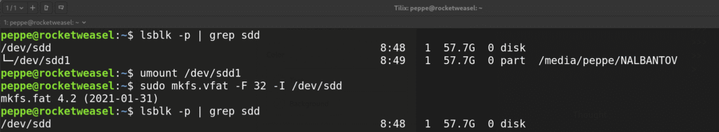 Screenshot of Linux terminal showing lsblk -p, and sudo mkfs.