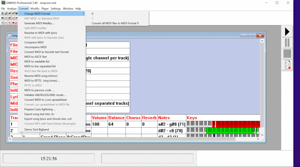 Screenshot of GNMIDI Professional with a Type 1 MIDI file open.