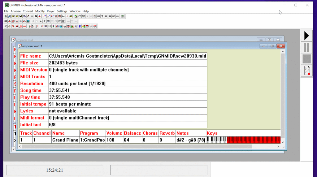 Screenshot of GNMIDI Professional showing an open Type 0 MIDI file after conversion.