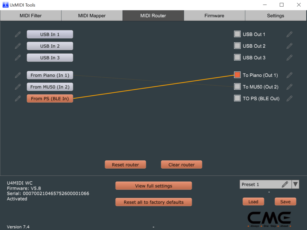 Screenshot of UxMIDI Tools MIDI Router, showing proper routing for use with a Disklavier and MU50.
