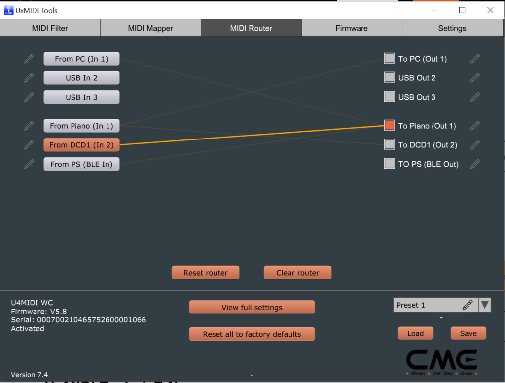 Screenshot of UxMIDI Tools MIDI Router, showing proper routing for use with a Disklavier and DCD1 and computer.