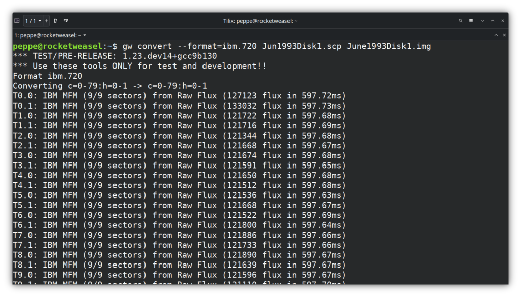 Debian terminal showing gw program converting image from scp to img.
