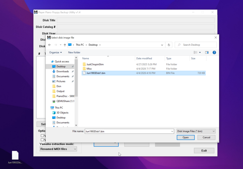 Opening a BIN file with PPFBU on Windows 10.