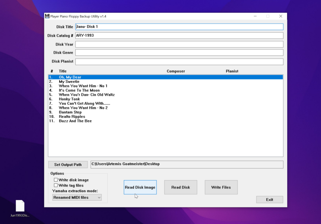 The extracted files, with Read Disk Image highlighted.