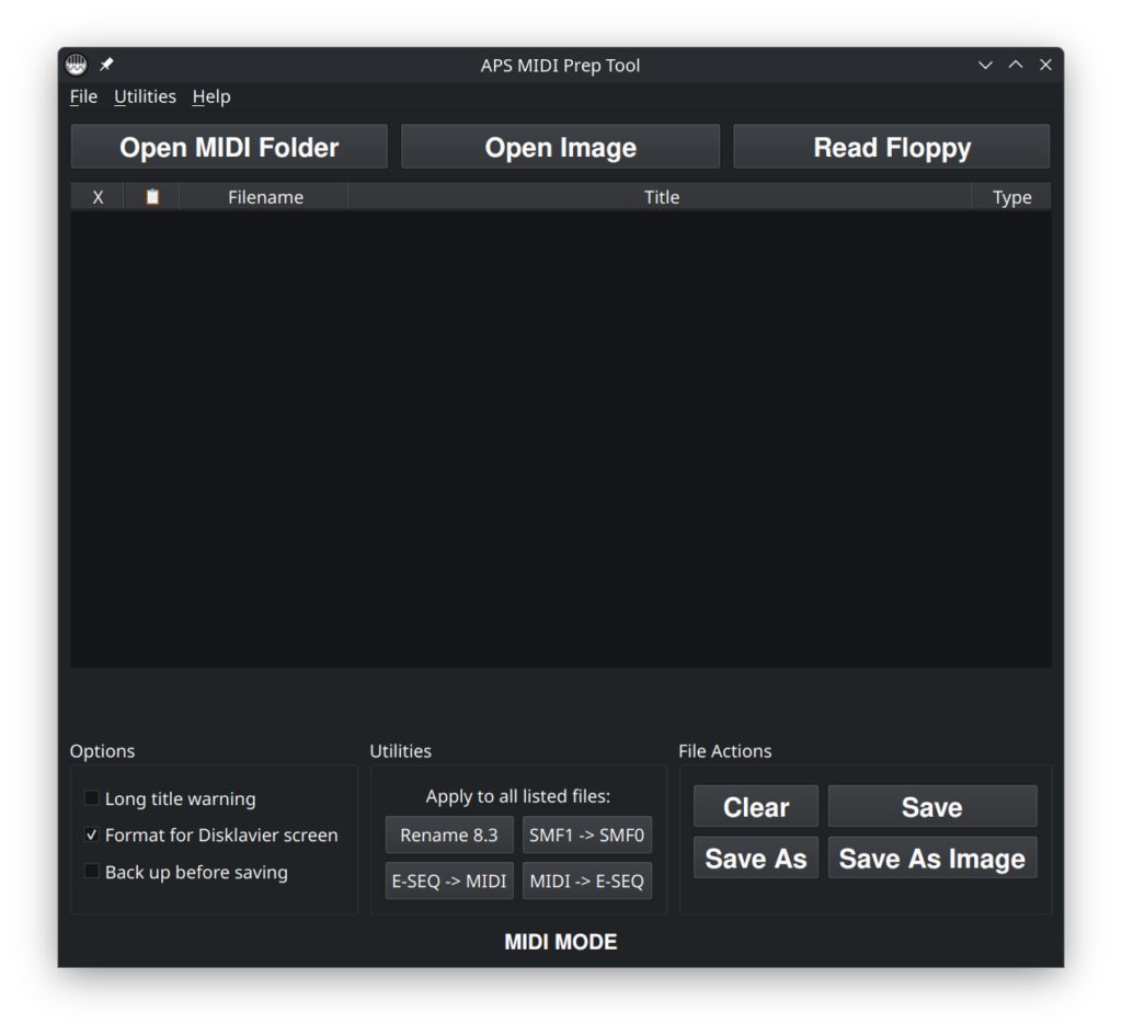 APS MIDI Prep Tool open and ready to use.