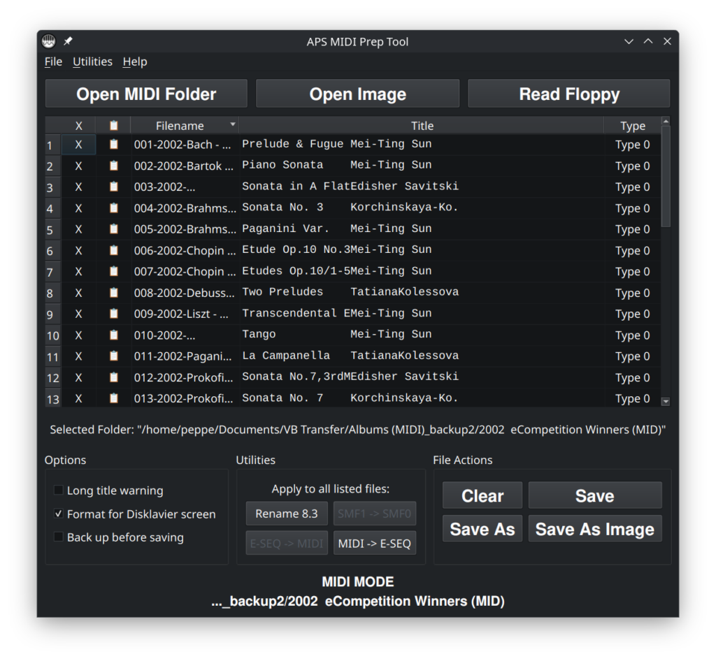 APS MIDI Prep Tool showing MIDI files loaded in MIDI Mode