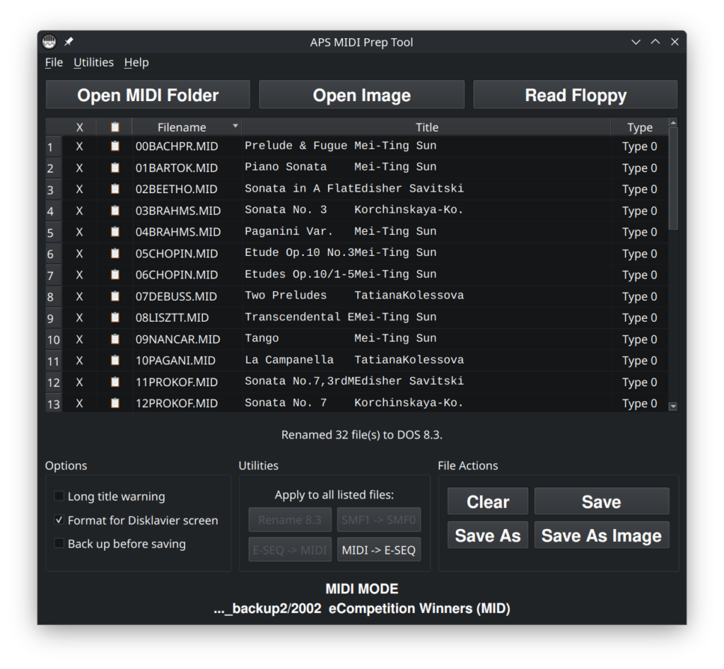 APS MIDI Prep Tool after filenames have been renamed to DOS 8.3 format.
