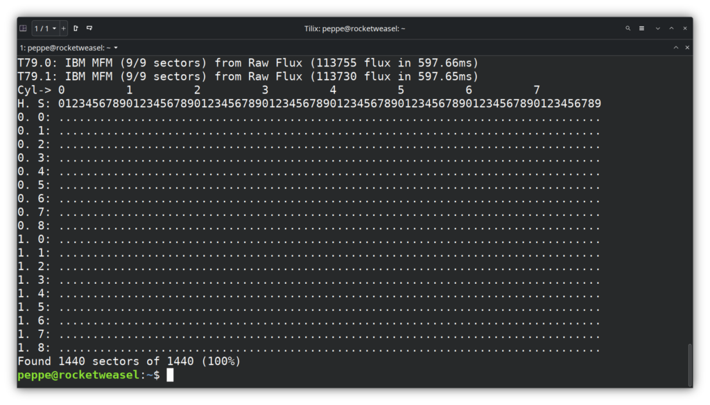 Debian terminal showing gw program displaying disk sector status.
