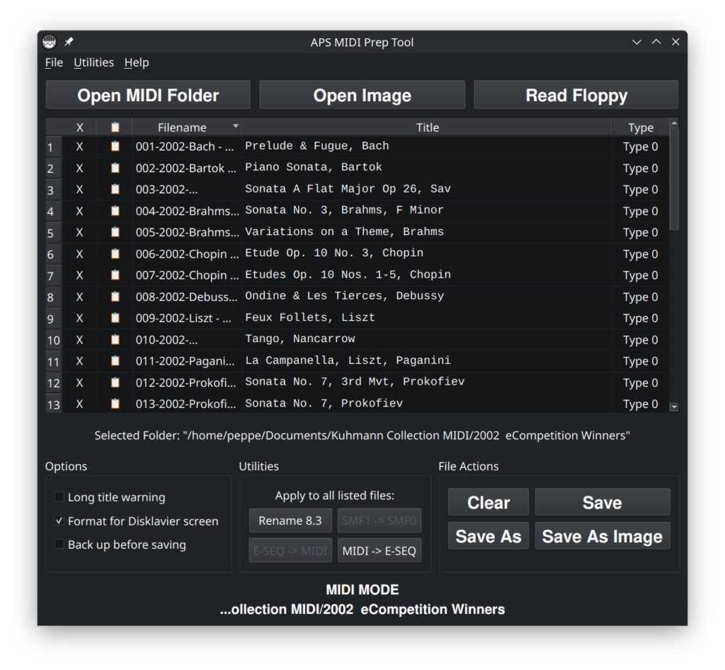 APS MIDI Prep Tool showing edited MIDI titles ready to save.