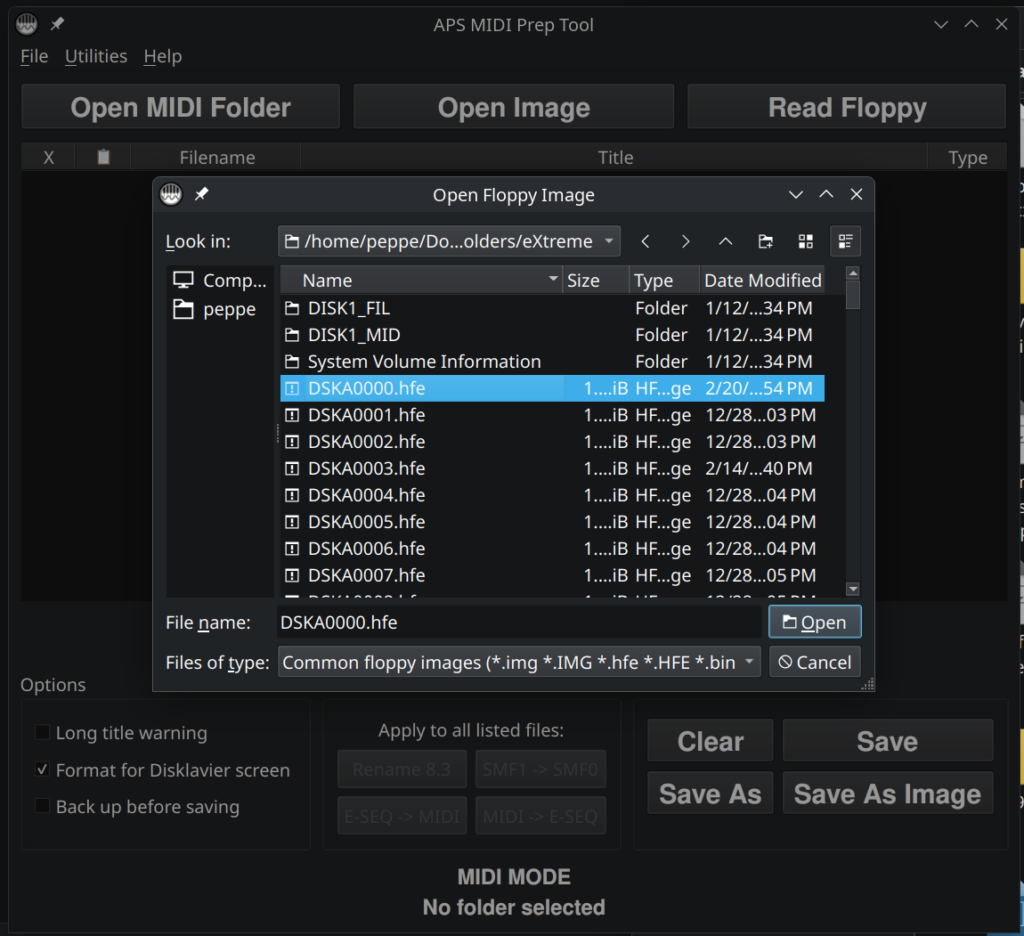 Selecting an HFE file from my Nalbantov USB stick.