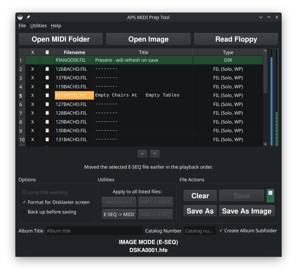 APS MIDI Prep Tool with a file added from the local computer.