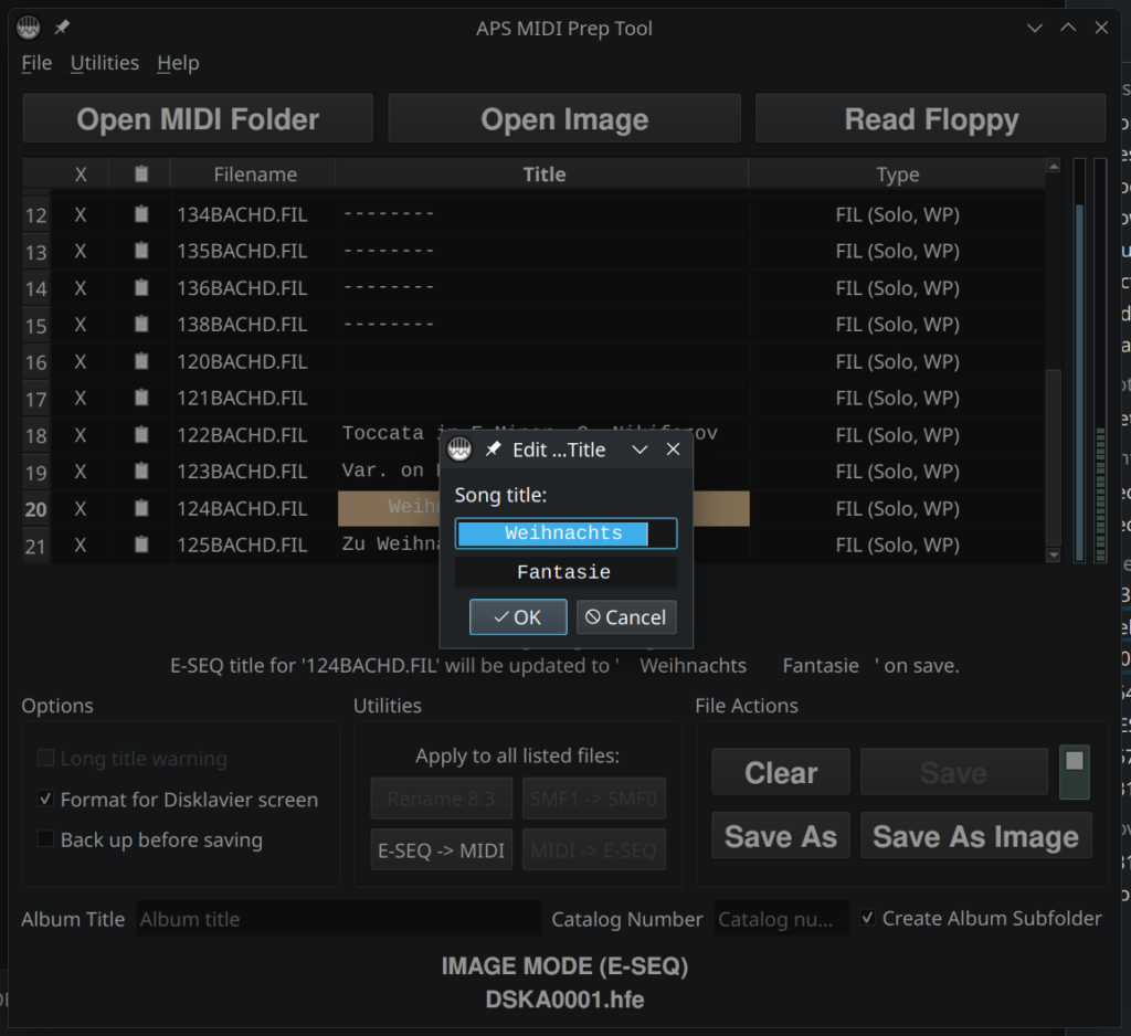 Changing a MIDI title name in a Nalbantov hfe file using IMAGE MODE (E-SEQ).