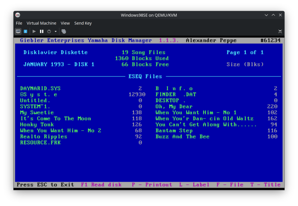 Giebler Yamaha Disk Manager on a Windows 98SE VM.