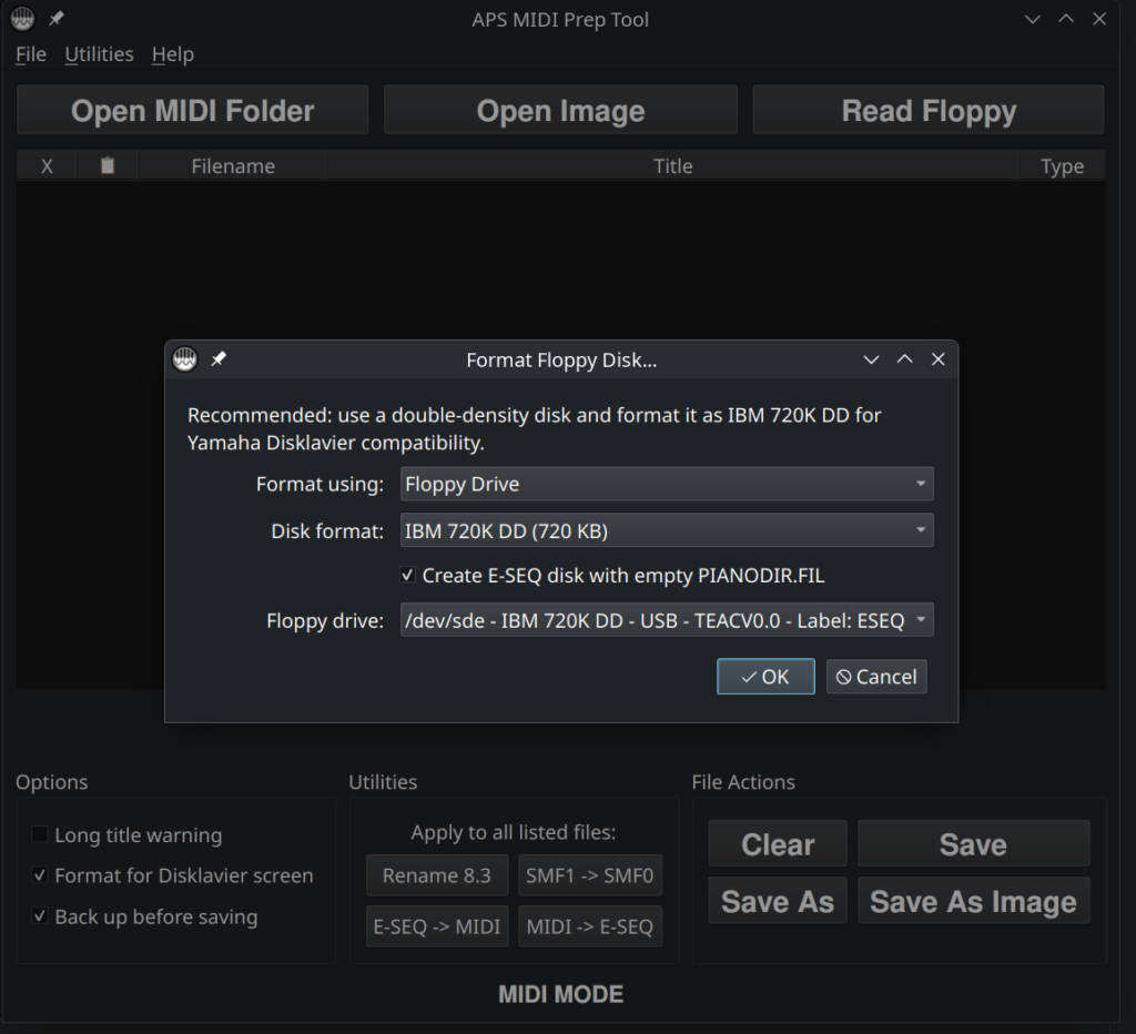 Format Floppy Disk... dialog box in APS MIDI Prep Tool, Dark Mode, Linux.