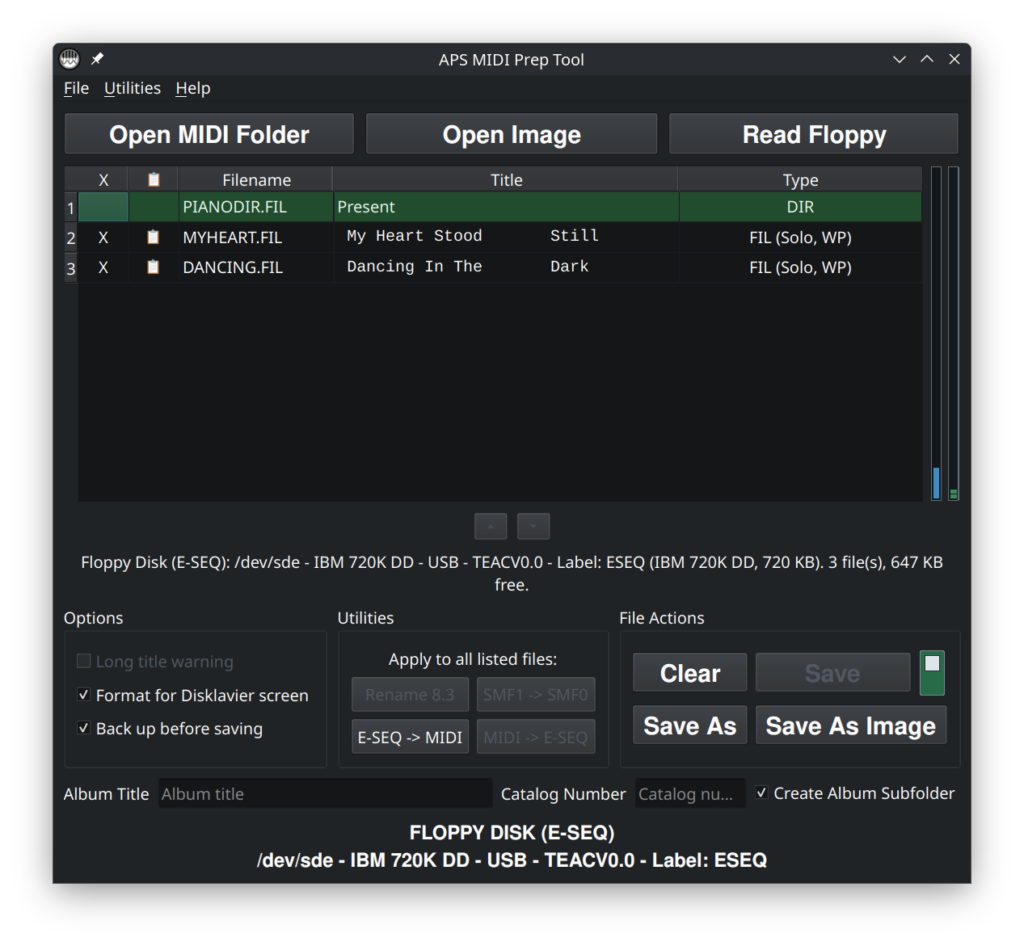 Screenshot of APS MIDI Prep Tool in Floppy Disk (E-SEQ) mode.