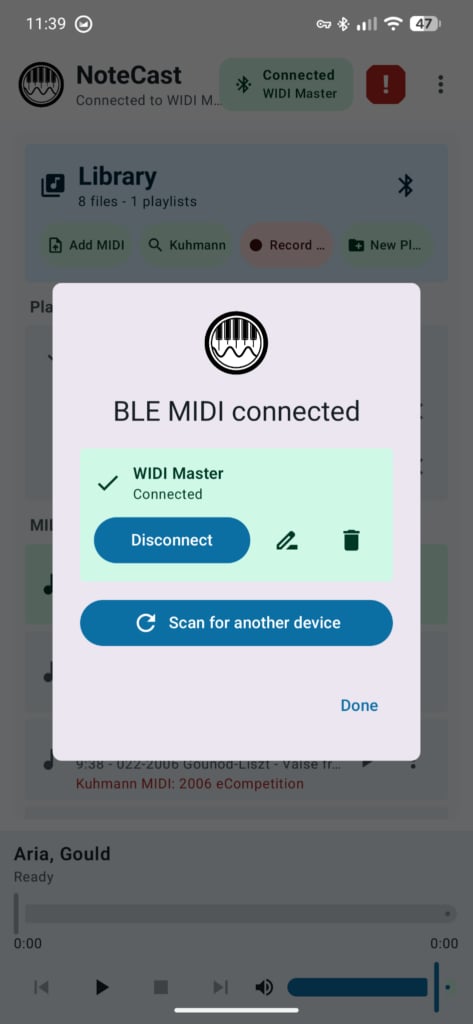 Screenshot of APS NoteCast showing Bluetooth MIDI connection.